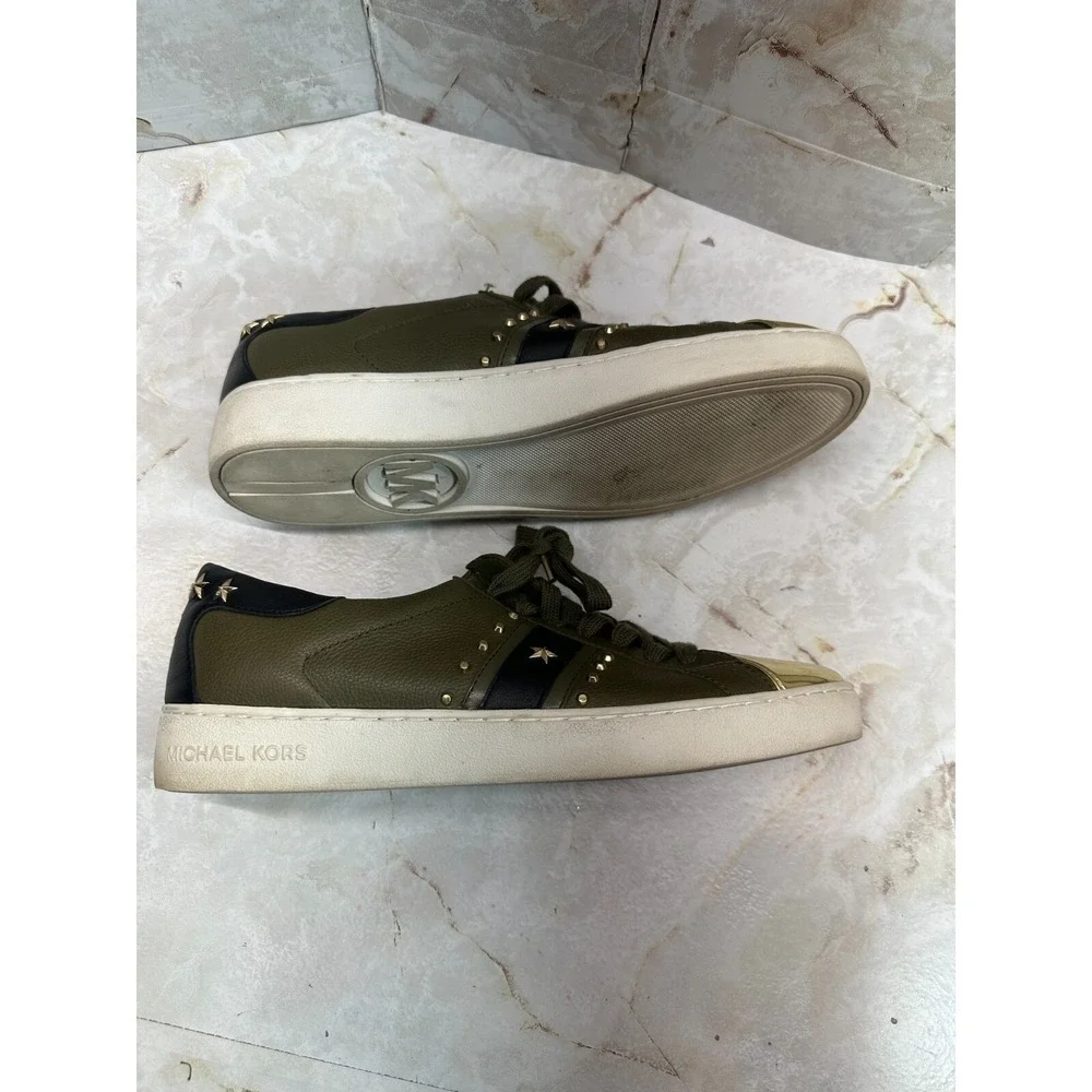 Michael Kors Frankie Striped Sneakers stars stripes stud metallic olive Die 9.5M
